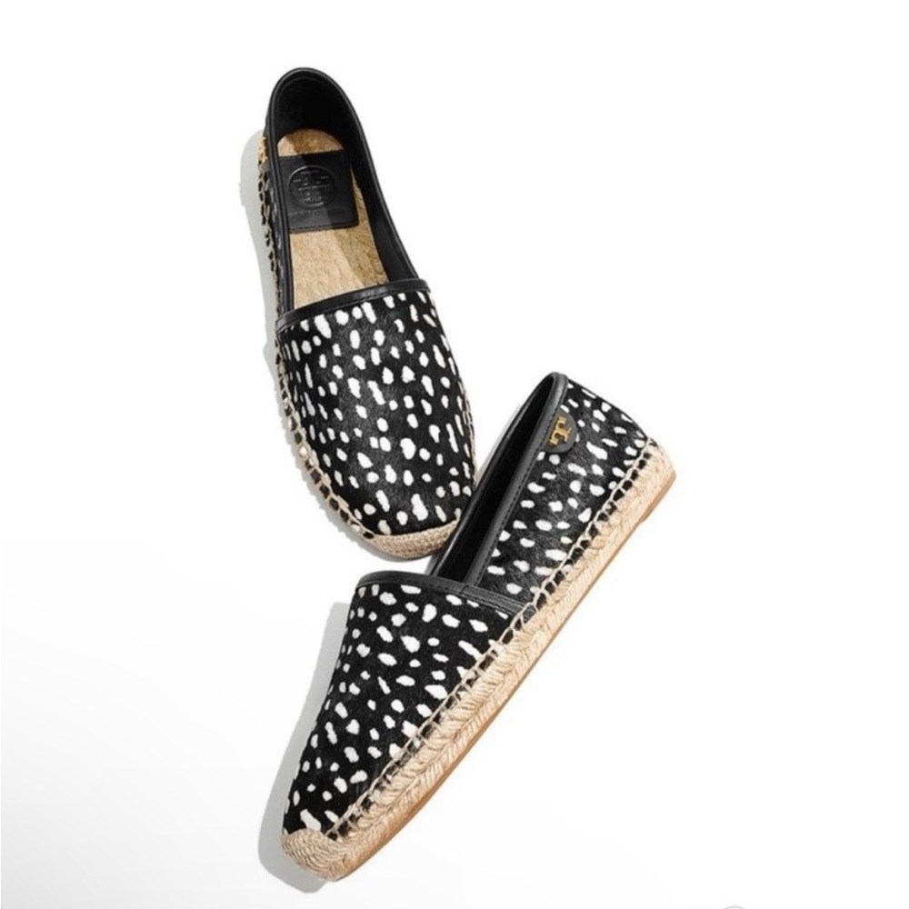 Tory Burch Black and Cream Espadrilles with Unique Pattern and Jute Sole